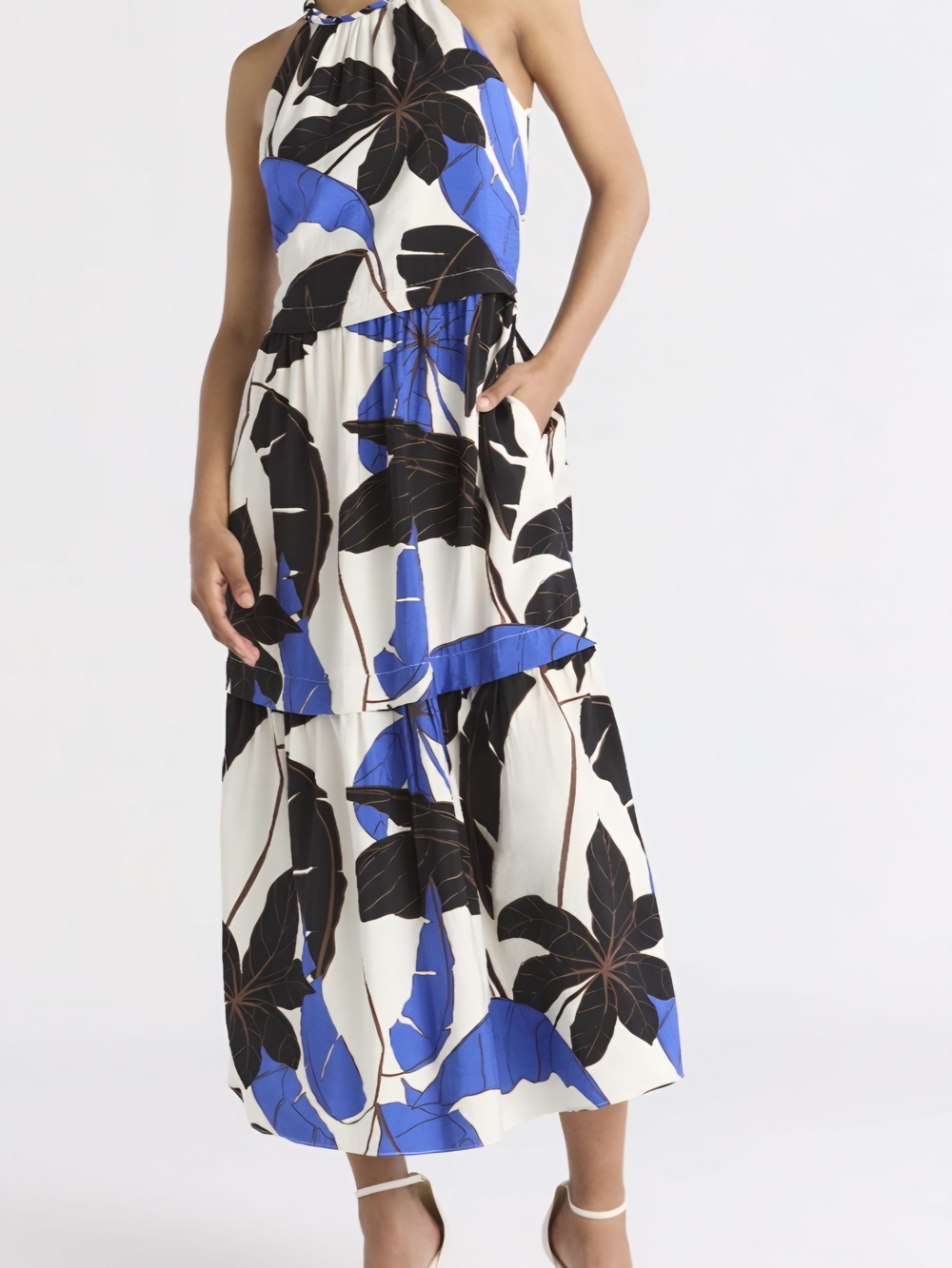 Tropical Palm Halter Maxi Dress by Sofia Vergara Size L (12-14) Blue,black.